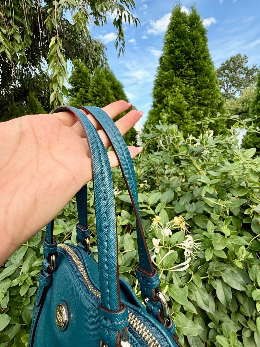 Coach Peyton Teal Blue Leather Satchel Shoulder Bag Dome Purse